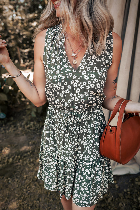 Bohemian Floral All Over Print V Neck Sleeveless Tunic A Line Summer Dress